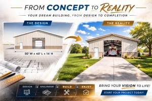Split image showing a steel building design rendering on the left and the completed building on the right, labeled “From Concept to Reality,” with dimensions and a design-to-build workflow.