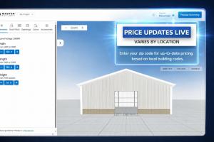 Rendering of Allied Master Builder digital platform showing a 3D steel building model with a banner reading “Price Updates Live,” alongside controls for dimensions, roof pitch, openings, colors, and accessories.