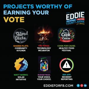 Campaign graphic listing initiatives from Eddie Sajjad for Fort Bend County Judge: Shared Plate community kitchen, The Forge technology incubator, Cook for a Cause festival, WATT Works solar initiative, BudgetBox, and IRM incident reporting app, with Eddi