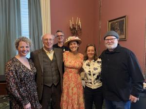 Minnie At The Mansion cast photo 2222026 - From Left to Right: Erin Ramsey Binkley, Don Cusic, Brad Albin, Jenny Littleton, Mary Ellen Pethel, Paul Carrol Binkley.