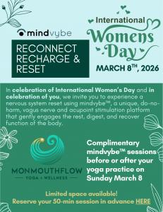 Promotional banner for mindvybe™ International Women’s Day event featuring “Reconnect, Recharge & Reset” messaging and MonmouthFlow logo.