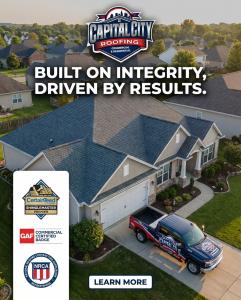 Residential home with newly installed roof by Capital City Roofing featuring company logo and tagline Excellence in Roofing, Powered by Innovation & Integrity