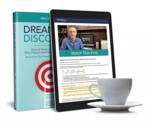 Dream Job Discovery book and assessment assets showing Ken Steven training and tea cup