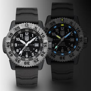 Luminox MIL-SPEC 3351 tactical dive watch shown in daylight and night illumination mode with Luminox Light Technology, featuring CARBONOX™ case, unidirectional bezel and "Technical MIL-SPEC Compliance 300 METERS" written on the dial.