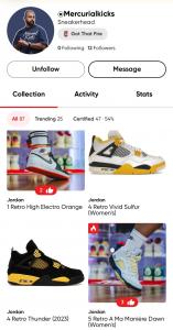 HauteFire user profile for Mercurialkicks showing the collection tab with 87 pairs, certification stats, and several Jordan sneakers displayed in a grid, including Jordan 1 Retro High Electro Orange and the Jordan 4 Retro Vivid Sulfur
