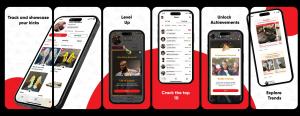 Multiple HauteFire iPhone screens, including a collection grid, a level up achievement, a rankings leaderboard, an achievement unlock, & a trends feed, with text reading Track and showcase your kicks, Level Up, Crack the top 10, Unlock Achievements, and Explore Trends.