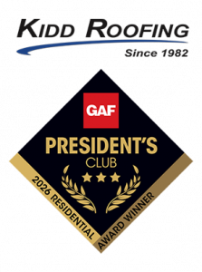 Kidd Roofing logo and image of  2026 GAF 3-Star President's Club Award