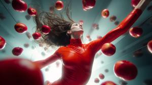 Photo of a woman floating in a space ship surrounded by red apples