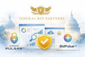 Federal Bid Partners LLC banner featuring BidPulsar™ and CMMC Pulsar™ with a compliance shield and federal contracting dashboard imagery.