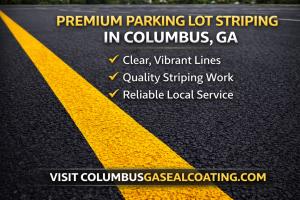 Premium parking lot striping in Columbus, GA featuring crisp yellow line markings on fresh asphalt for commercial and residential properties by a trusted local contractor.