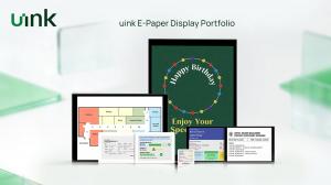 Full lineup of uink ultra-low-power e-paper digital signage displays in multiple sizes and color options, including monochrome, four-color, and full-color models for enterprise and IoT applications.