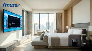 FMUSER Hotel IPTV system user interface showing food ordering and service guides on a smart TV in a hotel room