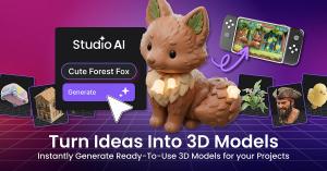 Creative Fabrica Studio AI 3D Model Generator turning text descriptions into interactive 3D models with customizable color, roughness, metalness, and glow.
