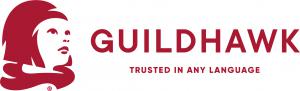 Guildhawk Registered Trademark of a Girl and company name to the right with the Queens Award Emblem 2019 all in Guildhawk red