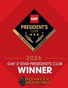 Diamond-shaped badge denoting a 2026 3-Star President's Club winner, Royalty Roofing.