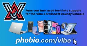 Promotional graphic for Phobio and Atlanta Vibe encouraging fans to donate used technology to support Gwinnett County Schools, featuring electronic devices and the URL phobio.com/vibe.