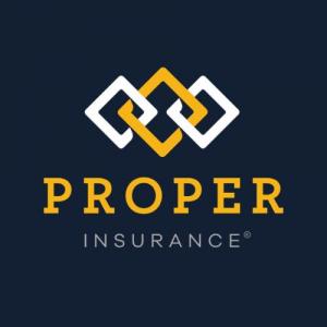 Yellow text on blue background that reads "Proper Insurance"