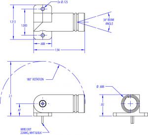 Drawing showing Dimensional information of Blue Wolf's Mini-Spot light