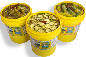 Three styles of Snap-O-Razzo pickles in foodservice 5-gal buckets - whole, XL, and chips
