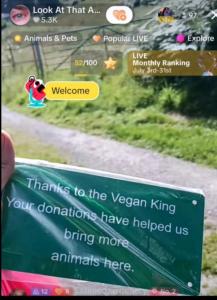 Vegan King, showing public recognition from an animal sanctuary thanking him for donations that helped support rescued animals, reflecting the community impact of his online advocacy.