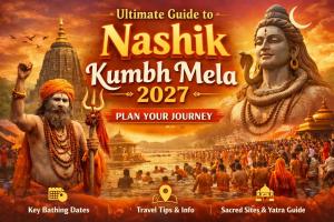 Digital banner for the Ultimate Guide to Nashik Kumbh Mela 2027. The artwork features Lord Shiva, a Sadhu holding a Trishul, and thousands of pilgrims taking a holy dip at the ghats. Icons highlight Key Bathing Dates, Travel Tips, and a Yatra Guide.