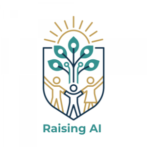 Logo for “Raising AI” showing three stylized human figures holding hands beneath a branching tree made of circuit lines and leaves inside a shield, with a rising sun above.