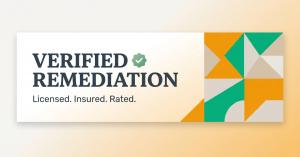 Verified Remediation banner showing brand name with verification checkmark and abstract geometric design in amber, emerald, and stone tones