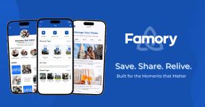 Famory social memory app press image showing mobile interface and brand tagline