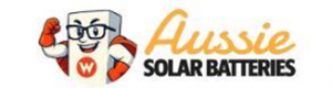 Company logo for Aussie Solar Batteries featuring a muscular, smiling white battery character with glasses and a red 'W' emblem, positioned next to the brand name in orange and black text.
