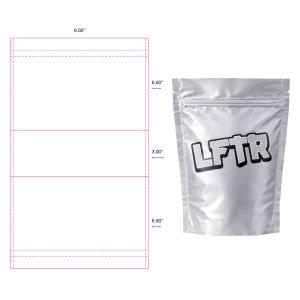 A production-ready Mylar bag dieline generated using Brandmydispo’s free online template generator, shown alongside a finished custom pouch for accurate visualization and manufacturing alignment.