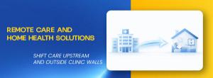 Visual of care shifting outside clinic walls to home-based healthcare supported by remote monitoring technology.
