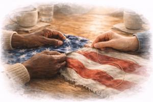 American flag being stitched together with two sets of hands