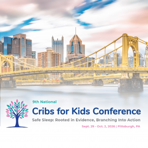 9th National Cribs for Kids Conference logo overlaying an image of Pittsburgh, PA