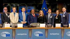A. Ragusa, J. Kára, O. Knotek, M. Burns, M. Ovtsynova, J. Ahn, A. Kotlyar, A. Masny at the European Parliament during the conference titled “NANOPLASTICS: HIDDEN CONNECTIONS AND EMERGING RISKS” - ALLATRA GRC