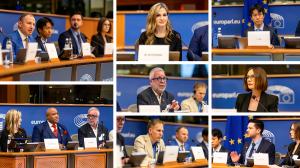 O. Knotek, J. Ahn, A. Masny, A. Kotlyar, M. Ovtsynova, M. Burns, A. Ragusa, J. Kára at the European Parliament during the conference titled “NANOPLASTICS: HIDDEN - ALLATRA GRC