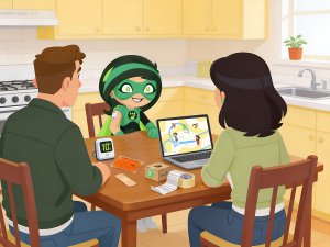 Cartoon superhero black-haired girl taking a blood sample at her kitchen table with box ready to ship.