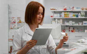 this image shows a pharmacists working in a drug store