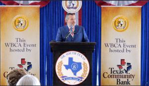 U.S. Sen. Ted Cruz speaks at the podium before a packed audience at the Laredo Country Club during an event recognizing him as the Washington’s Birthday Celebration Association’s 2026 Mr. South Texas. Courtesy photo, Office of Sen. Cruz.