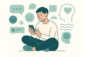Illustration of a person using a smartphone surrounded by mental health symbols and speech bubbles representing digital emotional support.