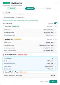 AIVI Insights setup screen where customers configure real-time lead scoring rules and tier classification criteria for automated lead qualification