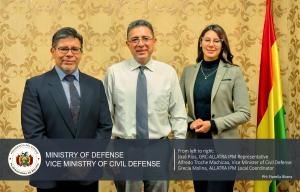 José Ríos, ALLATRA Representative in Latin America; Alfredo Troche Machicao, Vice Minister of Civil Defense of Bolivia; and Grecia Paola Molina, Local Coordinator of ALLATRA