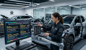 Technician performing ADAS radar and camera calibration on a modern electric vehicle in a high-tech collision repair shop with diagnostic monitor displaying 2026 industry trends. Image by MyTSV.com.