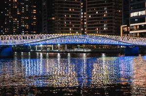 Color-gradient lighting on Reimei Kobashi pedestrian bridge in Tokyo