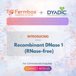 Promotional graphic announcing the commercial launch of animal-origin-free Recombinant DNase 1 (RNase-free) from the Fermbox Bio × Dyadic collaboration, presented with a biotech-themed blue molecular background and product vial imagery.
