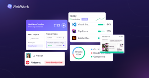 WebWork Time Tracker platform interface showing time tracking, productivity analytics, and workforce management features.
