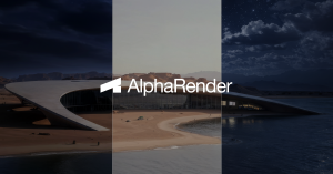 Modern waterfront building shown in multiple lighting conditions from daylight to night, illustrating AlphaRender’s animated transitions and atmosphere shifts from a single rendering.