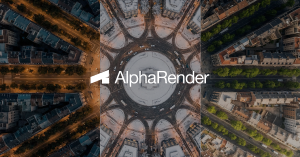 Aerial city view split into seasonal and lighting variations, demonstrating AlphaRender’s ability to adjust environment, atmosphere, and time of day in architectural renderings.