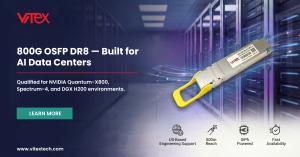 Vitex 800G OSFP DR8 optical transceiver module for AI data centers with U.S.-based engineering support, SiPh powered, 500m reach, and fast availability
