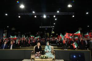 Ashraf-3, Albania, January 29, 2020 - Mrs. Monika Kryemadhi, Chairwoman of the Socialist Movement for Integration Party (Left), and Mrs. Maryam Rajavi, NCRI’s President-elect, with thousands of members of the Mujahedin-e Khalq (PMOI/MEK)
