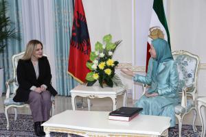 Ashraf-3, Albania, January 29, 2020 - Mrs. Monika Kryemadhi, Chairwoman of the Socialist Movement for Integration Party (Left), heading a delegation of the party in her visit to Ashraf-3 and meeting with Mrs. Maryam Rajavi, the NCRI President-elect